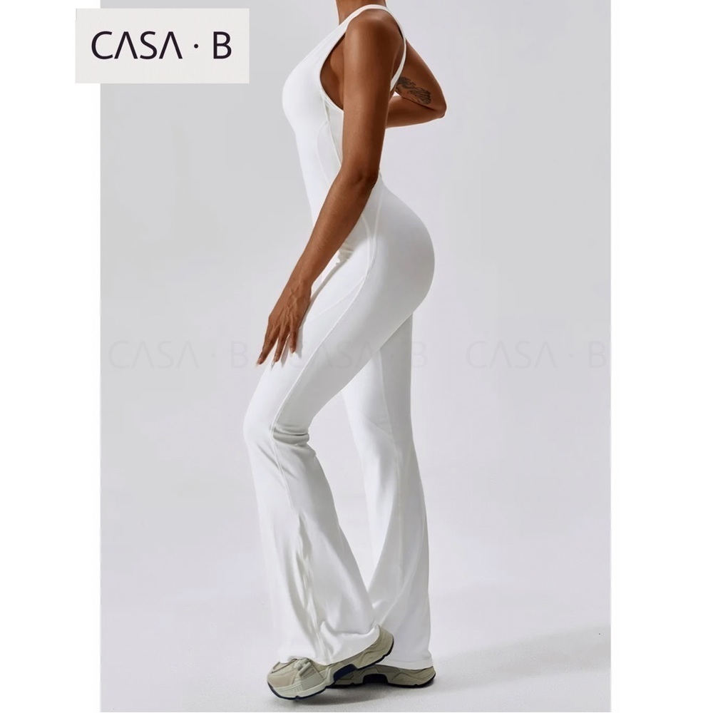 5⭐️CASA B💫| ARIA Flared Essential Open Back Active White Gym Jumpsuit - Picture 5 of 8
